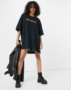 Винтажное oversized платье-футболка с принтом "Bad Karma" и декорированным подолом Milk It-Черный цвет