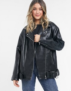 Байкерская удлиненная куртка свободного кроя из искусственной кожи ASOS DESIGN-Черный цвет