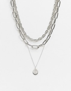 Серебристое ожерелье с цепочками из разных звеньев и подвеской в виде монетки Pieces-Серебристый