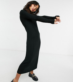 Черное платье макси в рубчик с подплечниками и свободным подолом ASOS DESIGN Petite-Черный цвет
