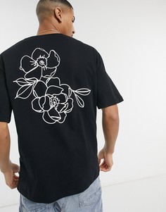 Черная футболка в стиле oversized с принтом с розами на спине Jack & Jones Originals-Черный