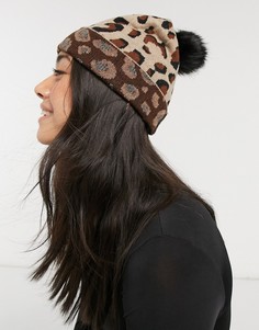 Длинная вязаная шапка-бини с леопардовым принтом и черным помпоном из искусственного меха Aldo-Коричневый цвет
