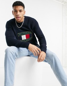 Темно-синий вязаный джемпер с фирменным логотипом Tommy Hilfiger