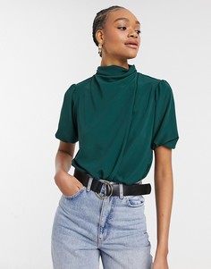 Темно-зеленый топ с высоким воротником с драпировкой и короткими рукавами ASOS DESIGN-Бесцветный