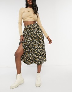 Зеленая ярусная юбка с оборкой и принтом Topshop-Многоцветный