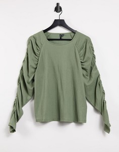 Топ с широкой горловиной и присборенными рукавами цвета хаки Vero Moda-Зеленый цвет