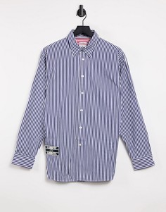 Хлопковая полосатая рубашка свободного кроя в стиле унисекс Lacoste-Темно-синий