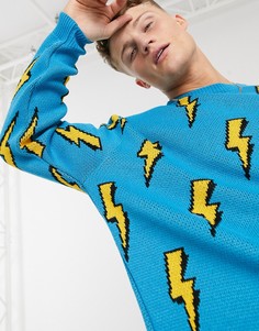 Синий вязаный джемпер с рисунком в виде молний ASOS DESIGN-Голубой