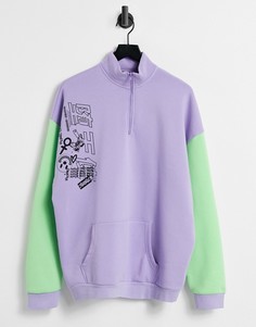 Оversized-свитшот с воротником-стойкой и принтом в стиле колор блок New Girl Order-Сиреневый