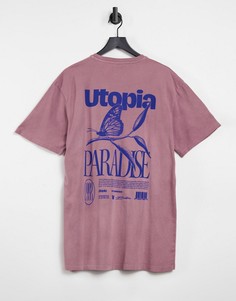 Розовая футболка с надписью "Utopia" и принтом бабочки спереди и на спине Topman-Розовый цвет
