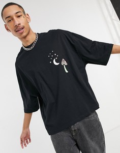 Черная oversized-футболка с принтом гриба на груди ASOS DESIGN-Черный цвет