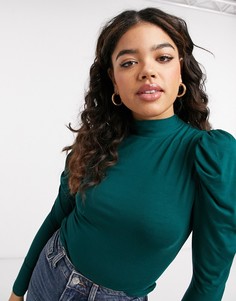 Зеленый топ с воротником-стойкой и присборенными рукавами Topshop-Зеленый цвет