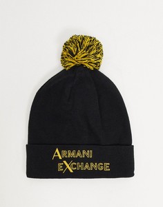 Черно-желтая шапка-бини с помпоном и логотипом Armani Exchange-Черный