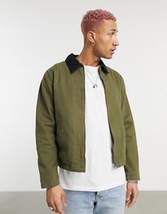 Джинсовая куртка Харрингтон цвета хаки с черным вельветовым воротником ASOS DESIGN-Зеленый цвет
