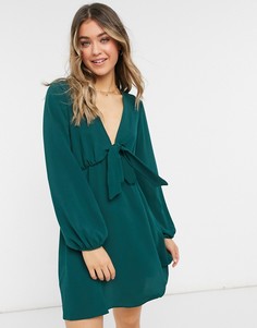 Чайное платье мини хвойно-зеленого цвета с длинными рукавами и завязками спереди ASOS DESIGN-Зеленый цвет