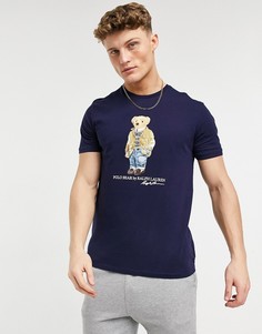 Темно-синяя футболка с принтом плюшевого мишки Polo Ralph Lauren-Темно-синий