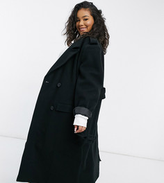 Черное пальто с поясом ASOS DESIGN Curve Luxe-Черный цвет