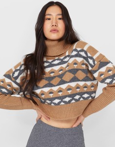 Коричневый джемпер с узором и отворачивающимся воротом Stradivarius-Коричневый цвет