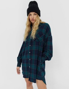 Темно-синее платье-рубашка бойфренда в клетку в стиле oversized Stradivarius-Темно-синий