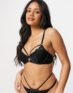 Черный бюстгальтер с кружевами и звериным флоковым принтом ASOS DESIGN Hallie-Черный цвет