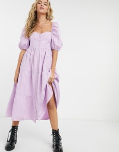 Свободное платье Bershka из поплина сиреневого цвета на пуговицах-Фиолетовый