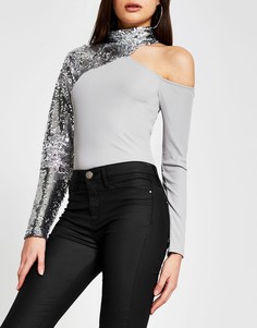 Серый топ с асимметричной отделкой пайетками River Island