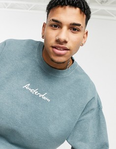 Голубой свитшот с принтом «Amsterdam» Topman