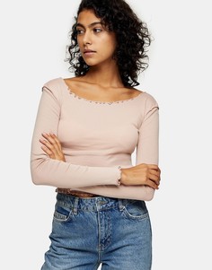 Розовый топ с длинными рукавами и фигурным краем Topshop
