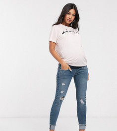 Темно-синие джинсы скинни со вставкой для живота и дырками на коленях River Island Maternity Amelie-Голубой