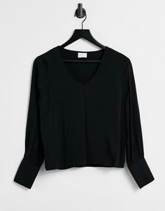 Черный топ с длинными рукавами и V-образным вырезом Vila-Черный цвет