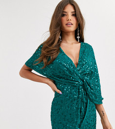Платье-кимоно мини с узелком и пайетками ASOS DESIGN Petite-Зеленый