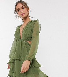 Платье мини цвета хаки с длинными рукавами и отделкой ASOS DESIGN Petite-Зеленый