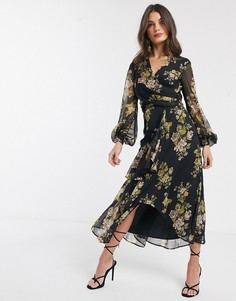 Платье миди оливкового цвета с запахом и двухслойной юбкой ASOS DESIGN-Мульти