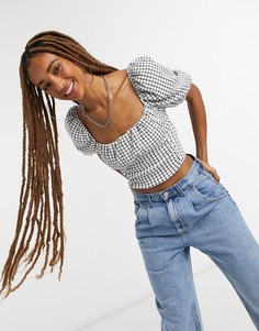 Белая укороченная блузка в клетку с пышными рукавами Bershka-Белый