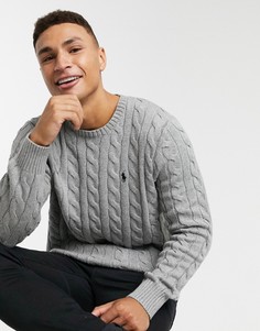 Серый меланжевый вязаный косами джемпер из хлопковой пряжи с логотипом игрока Polo Ralph Lauren