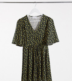 Черное свободное платье мини с желтым цветочным принтом на черном фоне ASOS DESIGN Petite-Черный