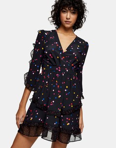 Платье мини в разноцветный горошек с оборками Topshop-Черный