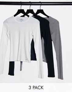 Набор из трех узких футболок разных цветов с длинным рукавом и круглым вырезом Hollister-Многоцветный