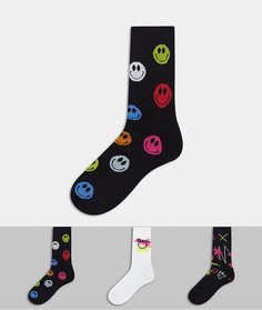 Набор из трех пар спортивных носков с принтом смайликов и граффити ASOS DESIGN-Многоцветный
