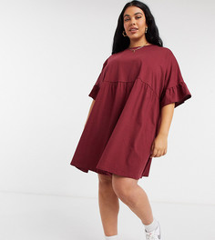 Темно-бордовое свободное платье с присборенной юбкой и рукавами-оборками ASOS DESIGN Curve-Красный