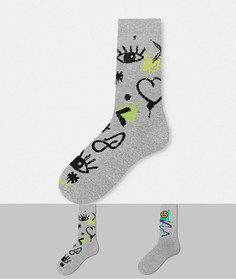 Набор из двух пар спортивных носков серого цвета с рисунком в стиле граффити ASOS DESIGN-Многоцветный