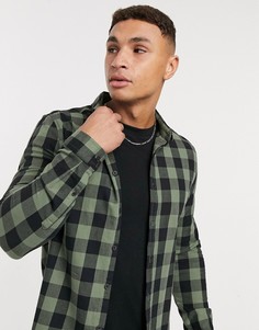 Эластичная рубашка узкого кроя в клетку цвета хаки ASOS DESIGN-Зеленый