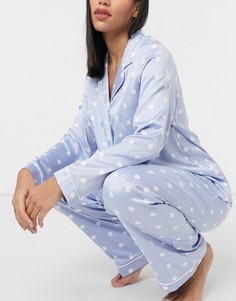 Пижамный комплект из рубашки с длинными рукавами и брюк голубого цвета в горошек Chelsea Peers-Голубой