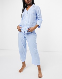 Голубая батистовая пижама в клетку с брюками капри и рубашкой с лацканами Lauren by Ralph Lauren-Голубой