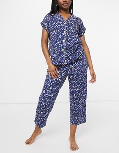 Темно-синяя пижама в цветочек с брюками капри и рубашкой с лацканами Lauren by Ralph Lauren-Темно-синий