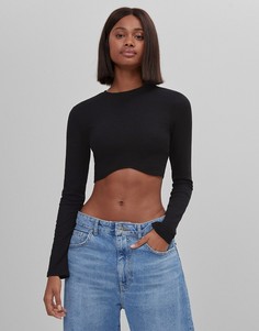 Черный кроп-топ с длинными рукавами и фигурным краем Bershka-Черный цвет