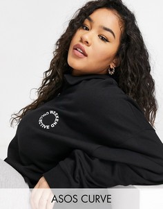Черный свитшот с воротником поло на короткой молнии и логотипом ASOS Weekend Collective Curve