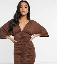 Платье мини шоколадного цвета с рукавами-кимоно и сборками ASOS DESIGN Petite-Коричневый цвет