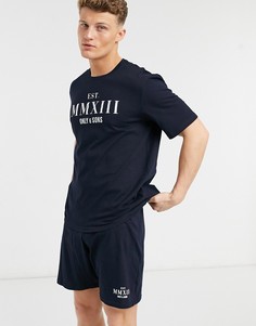 Комплект одежды для дома из шорт и футболки в стиле oversized темно-синего цвета с принтом Only & Sons-Темно-синий
