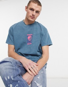 Синяя окрашенная футболка с принтом земного шара Topman-Зеленый цвет